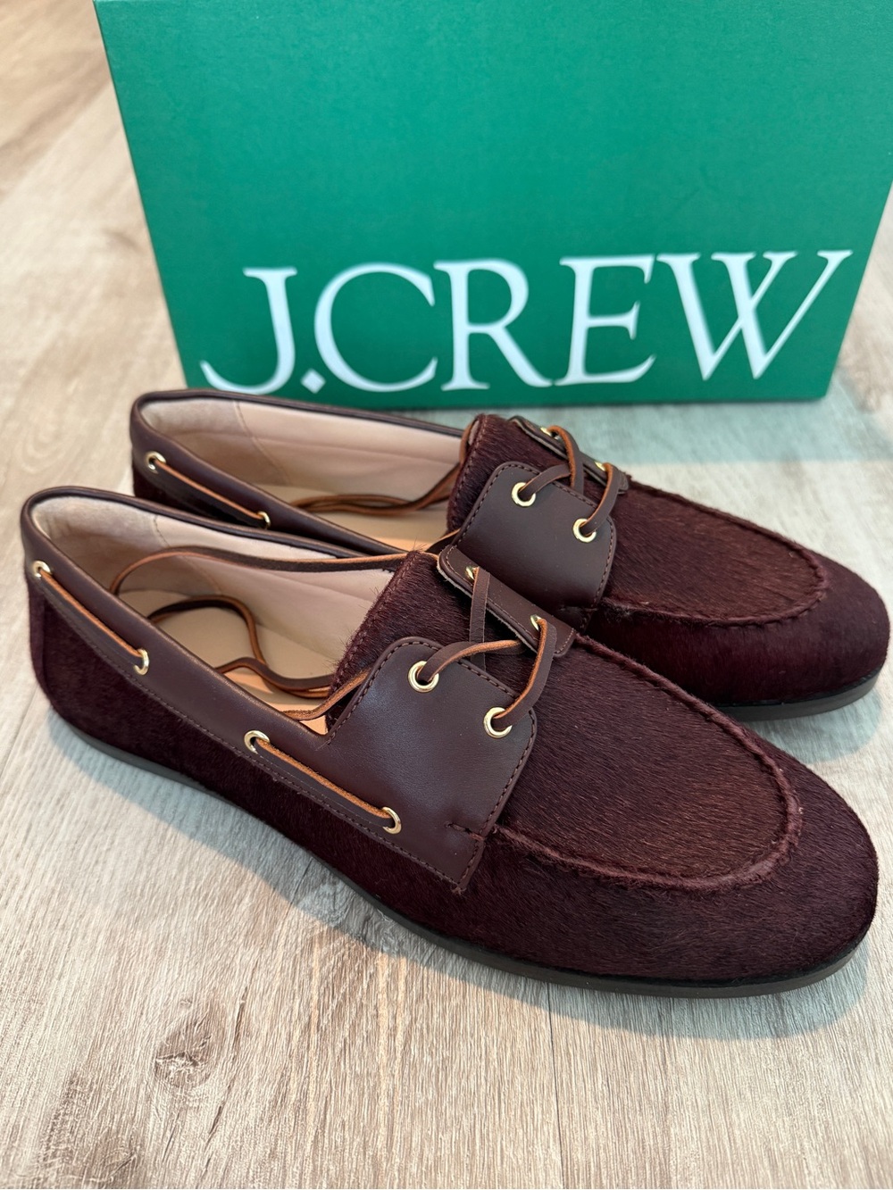 J. Crew HairCalf Classic Boat Shoe Brown Women’s Sz 9 NEW in box